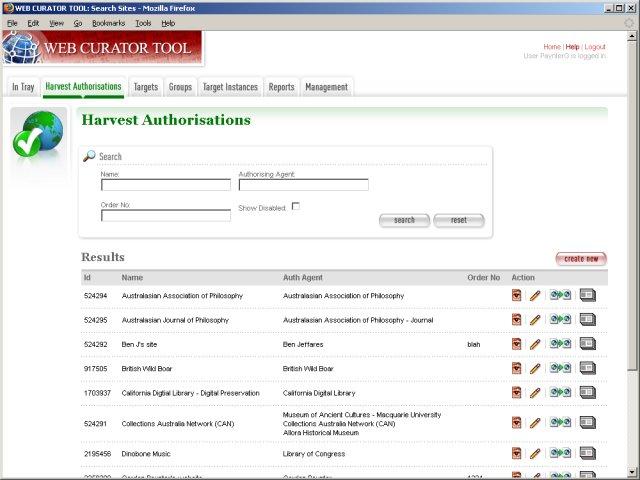 The Web Curator Tool Harvest Authorisations page