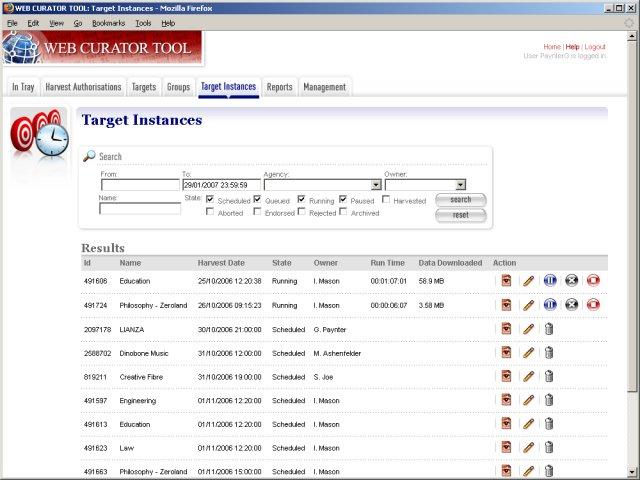 The Web Curator Tool Target Instances page